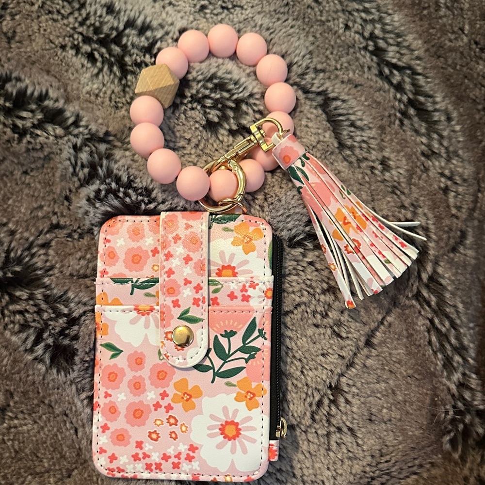 Pink Floral Cardholder Wristlet with Beaded Loop